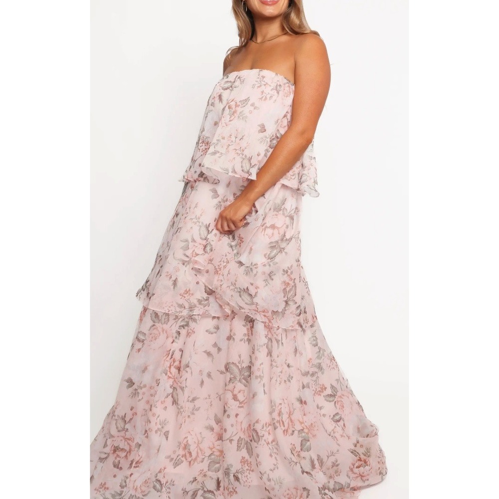 Petal and Pup Strapless Maxi Dress Pink Floral Tiered Preppy Flowy Size Large